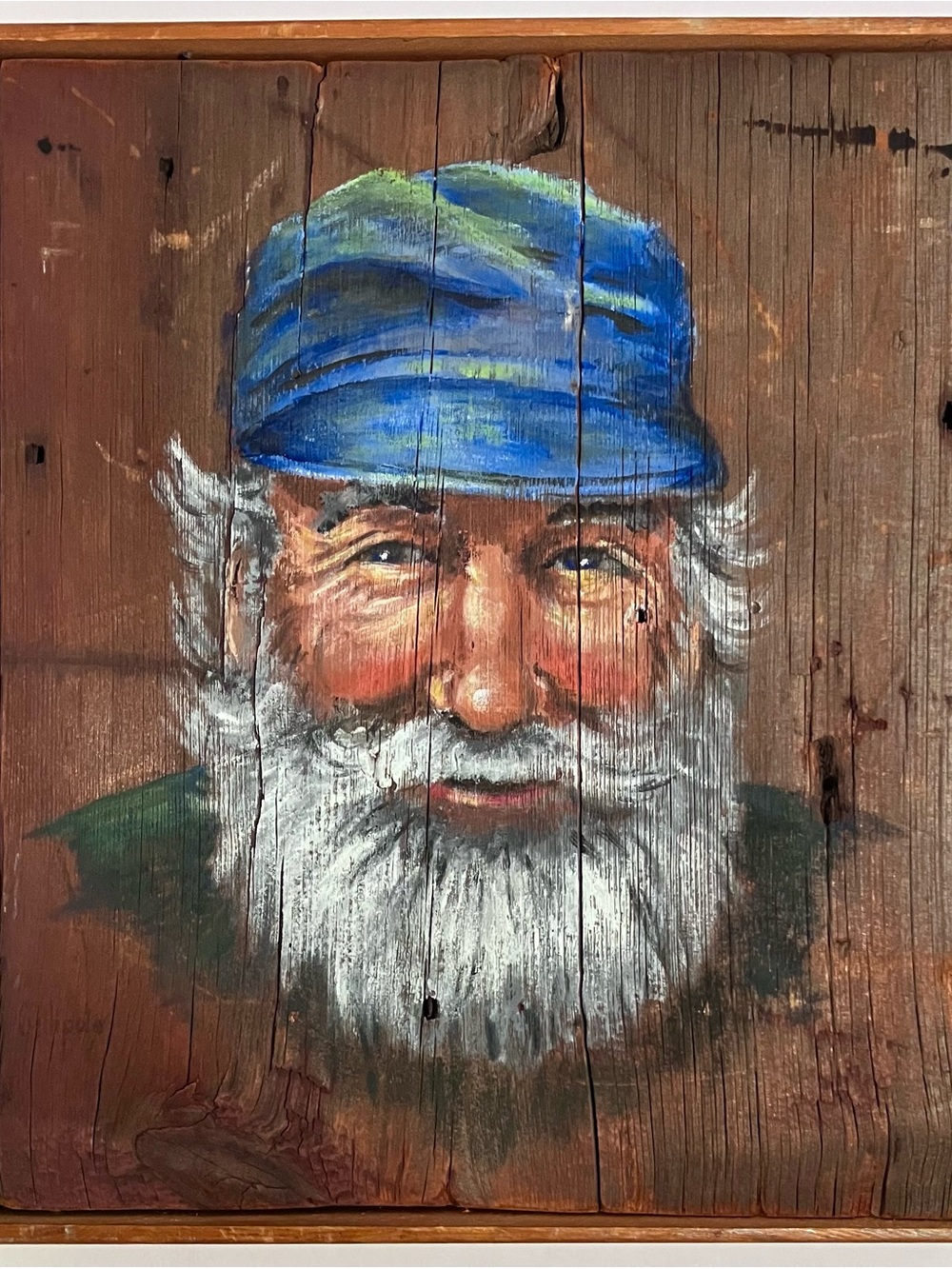 Vintage OLD FISHERMAN Oil Pastel on RECLAIMED WOOD / 12x14 Inches / RUSTIC ART